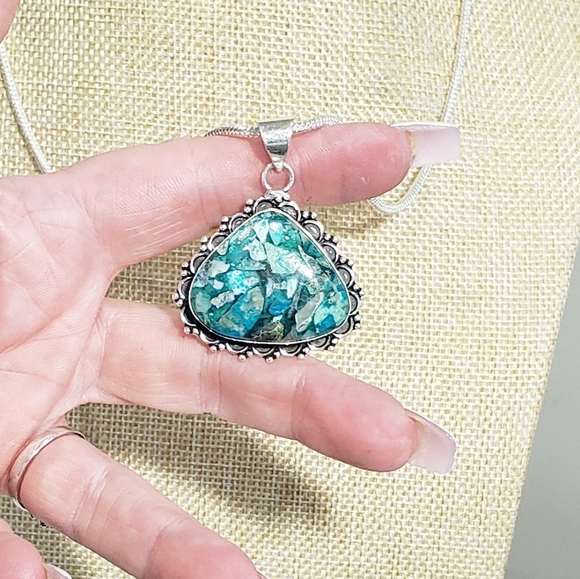 Chrysocolla necklace, 925 silver copper chrysocolla gemstone pendant necklace - Picture 6 of 11